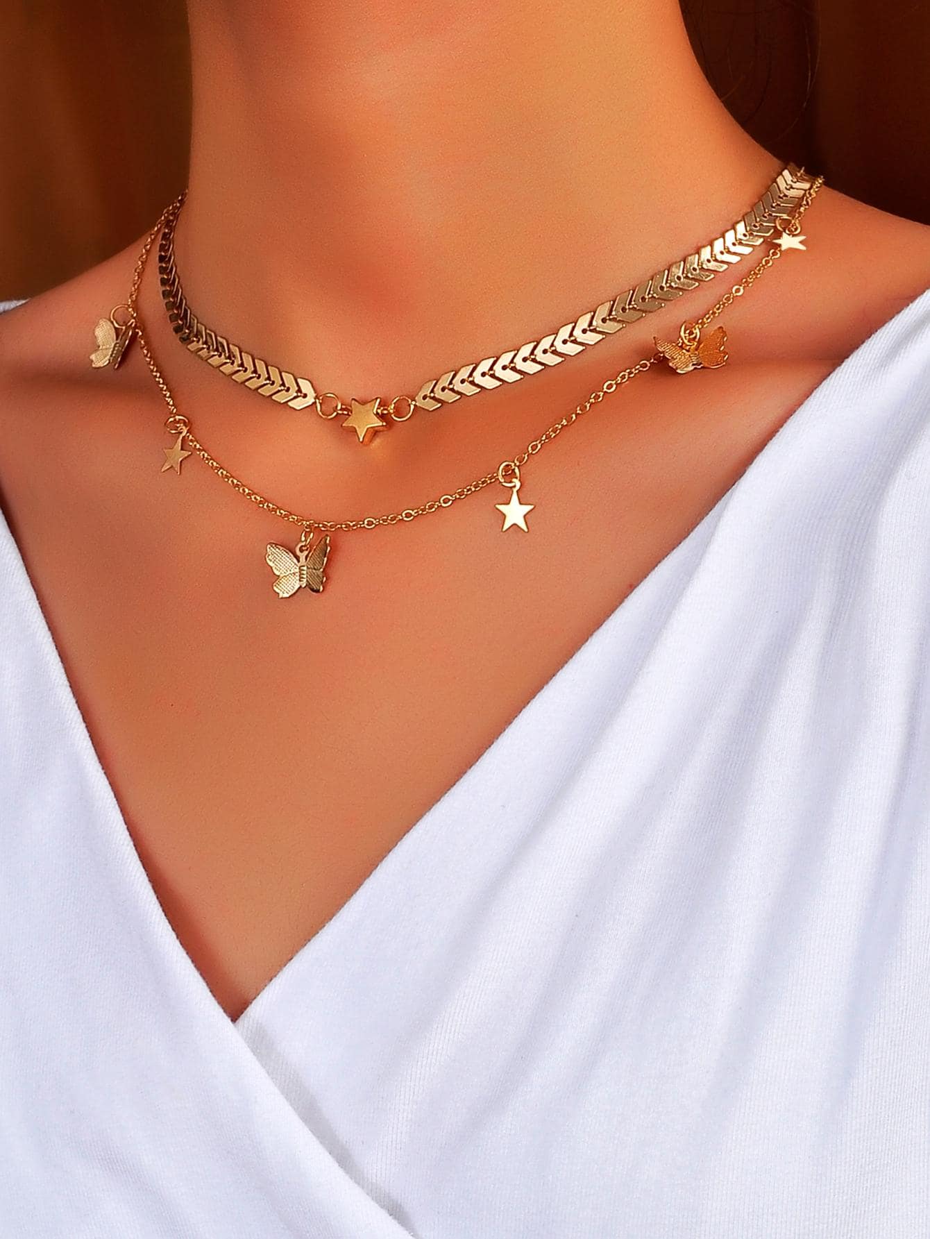 1入組時尚蝴蝶和星形墜飾多層次項鍊適合女士日常裝飾 - 金黃色 - 查看 1