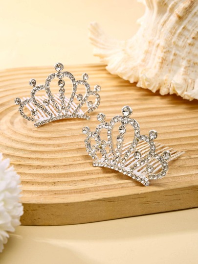 1 Pair Fashionable Minimalist Silver Princess Crown Hair Comb, Bridal Wedding Party Headpiece