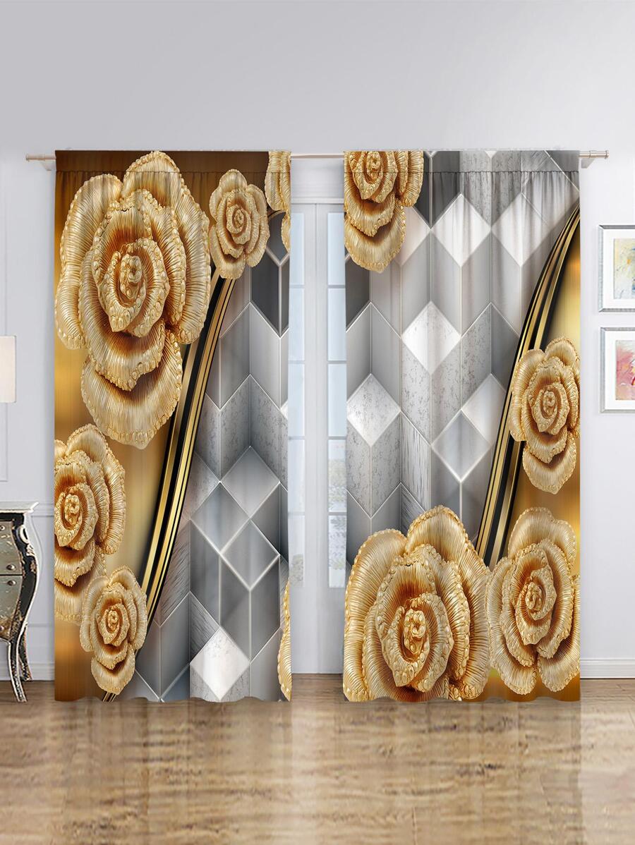 2入組/套花卉圖案窗簾適用於臥室和客廳現代滌綸窗簾 - 彩色 - 查看 1