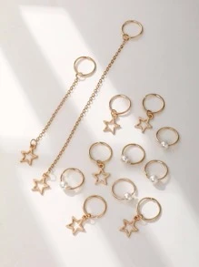 12入組女士人造珍珠裝飾星形墜飾時尚電話線髮圈適用於頭髮裝飾用品 - 金色 - 查看 1