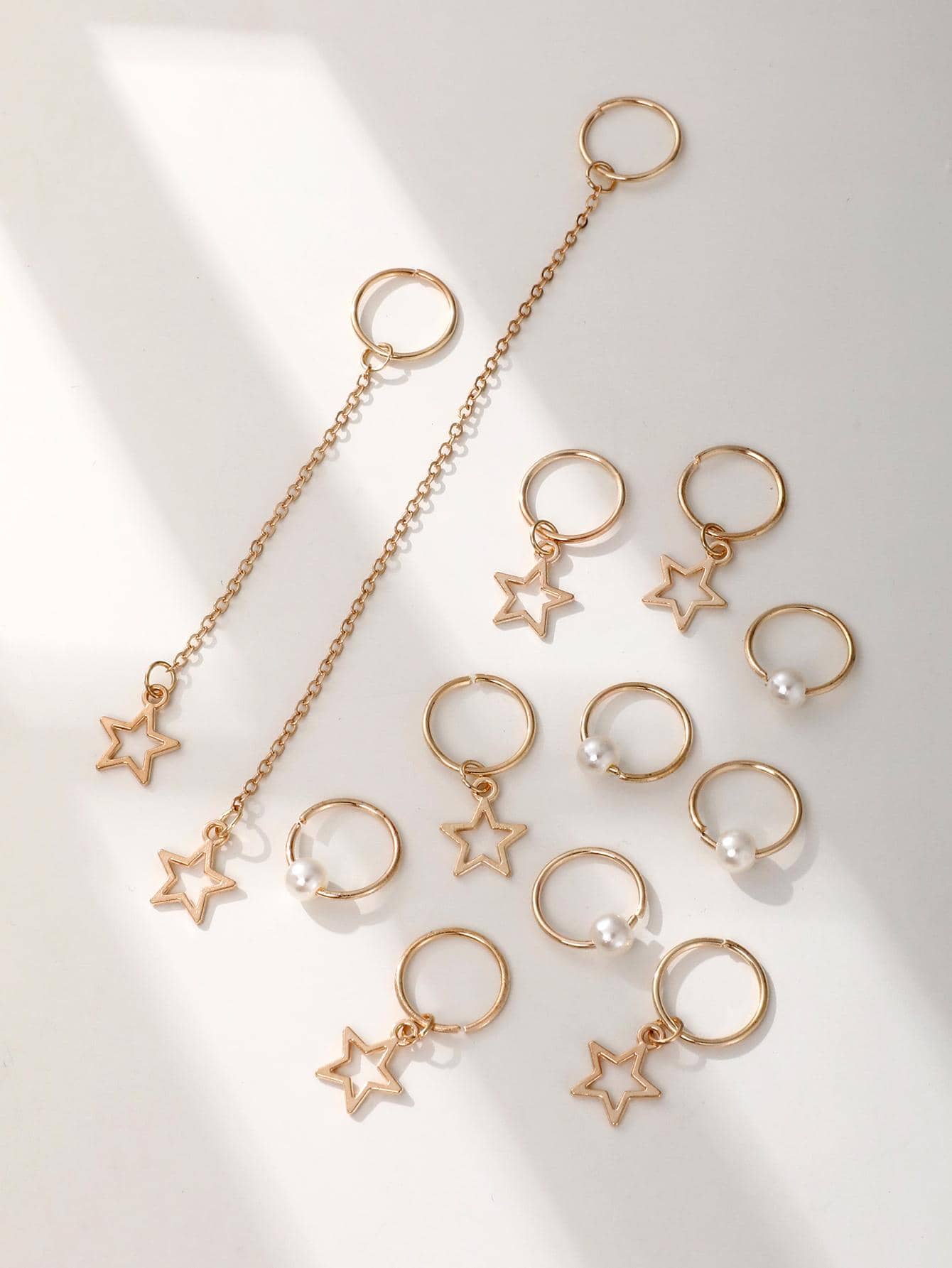 12入組女士人造珍珠裝飾星形墜飾時尚電話線髮圈適用於頭髮裝飾用品 - 金色 - 查看 1