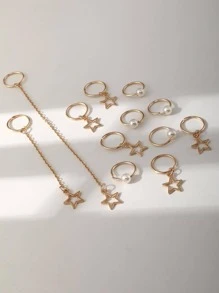 12入組女士人造珍珠裝飾星形墜飾時尚電話線髮圈適用於頭髮裝飾用品 - 金色 - 查看 2