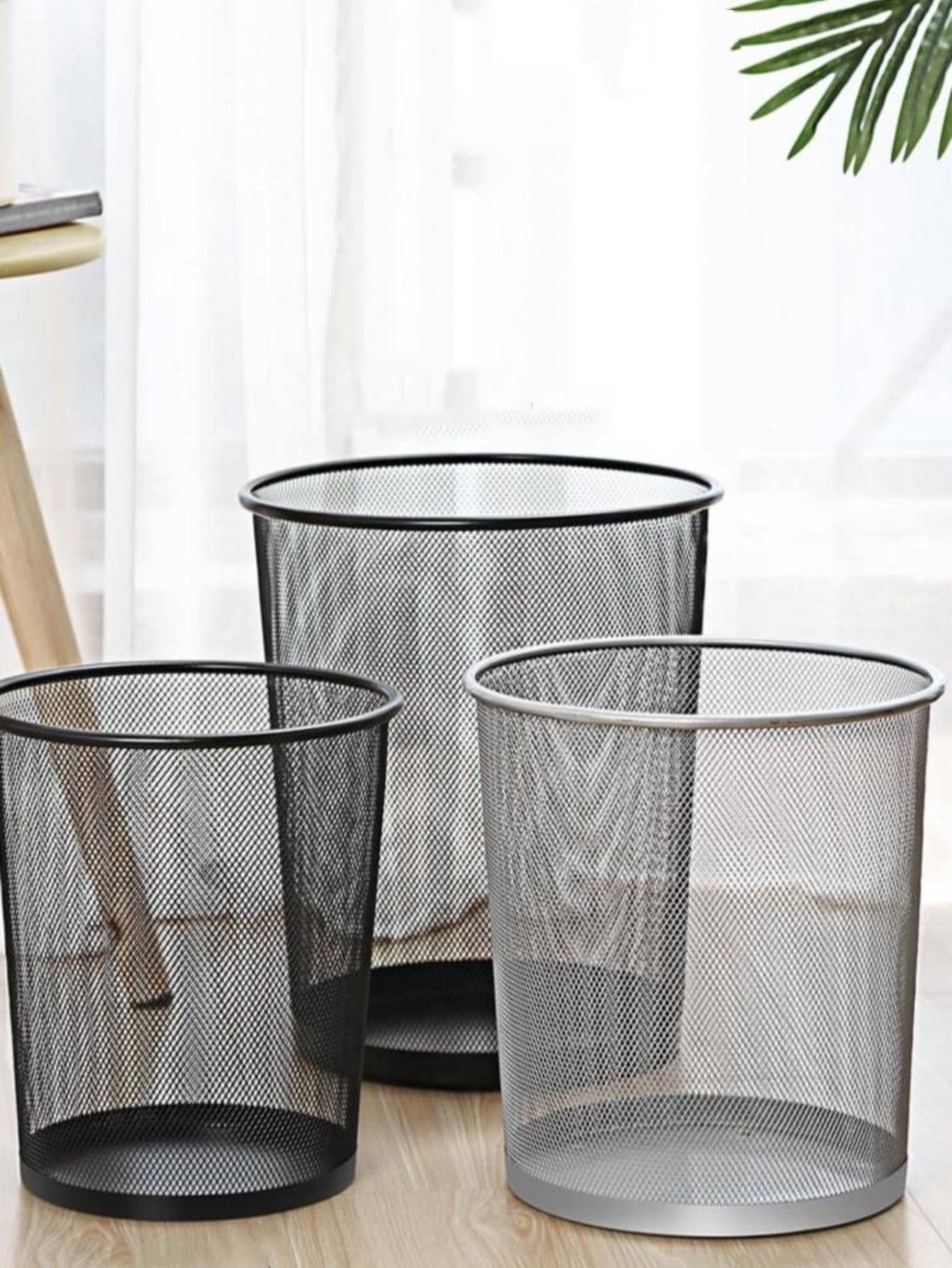 1pc Iron Mesh Trash Can, Minimalist Large Capacity Metal Garbage Basket For Household - Black - View 1