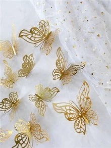 12pcs/set Paper 3D Hollow Out Butterfly Sticker, Modern Room Decorating Creative Butterfly Sticker For Home - Gold - View 2