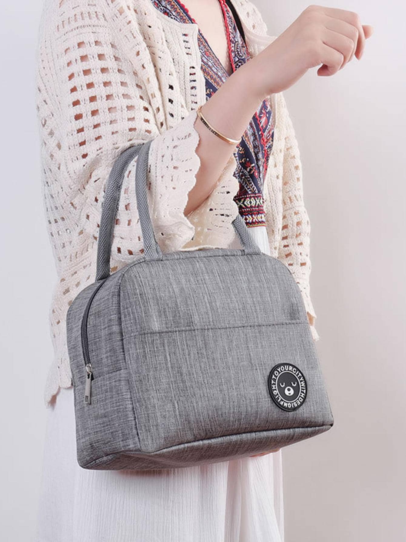 1 túi đựng đồ ăn trưa di động, túi đựng đồ ăn ngoài trời cách nhiệt bằng vải màu xám - Xám - Xem 1