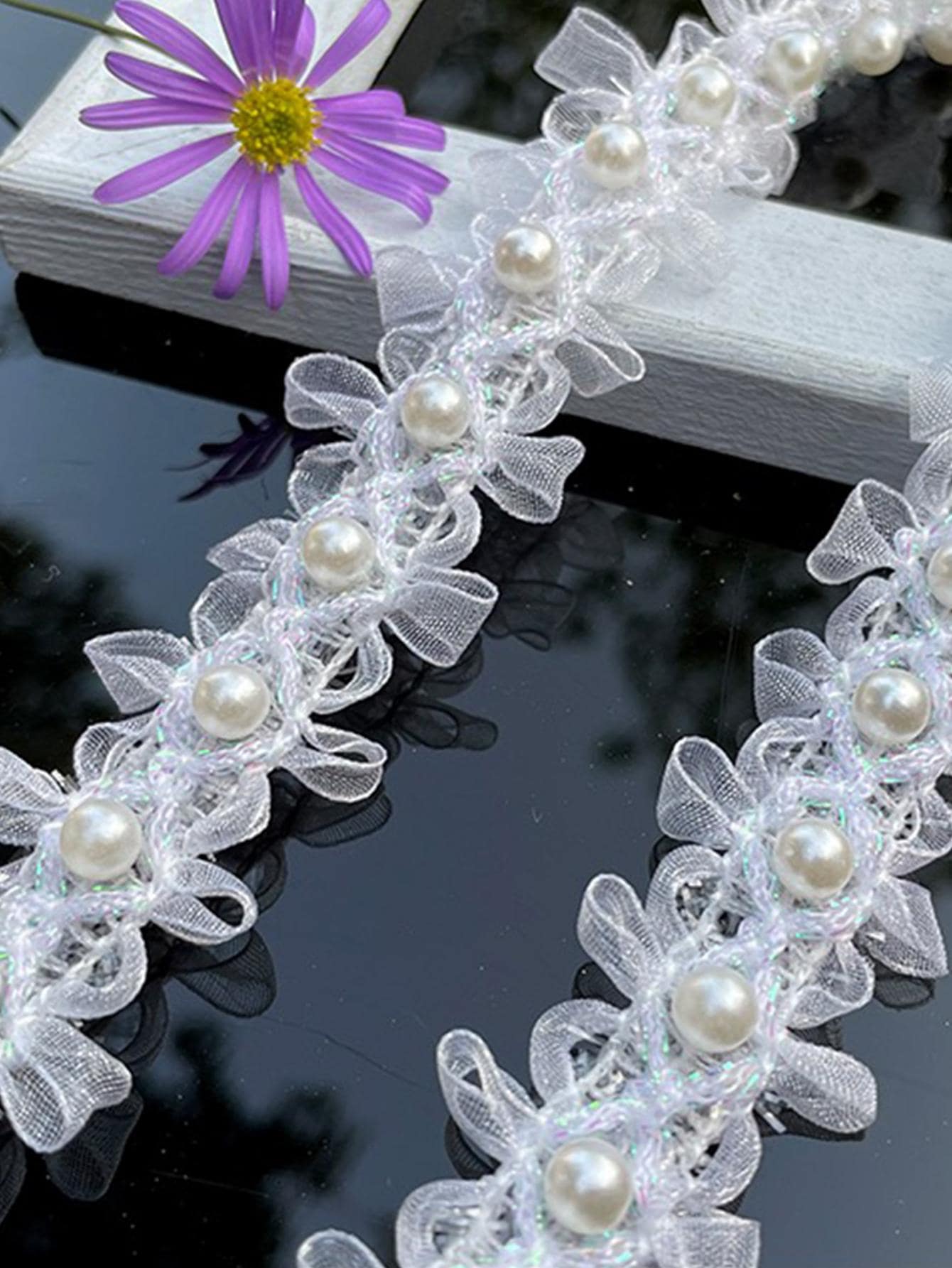 1pc Faux Pearl Decor DIY Webbing Lace - White - View 1