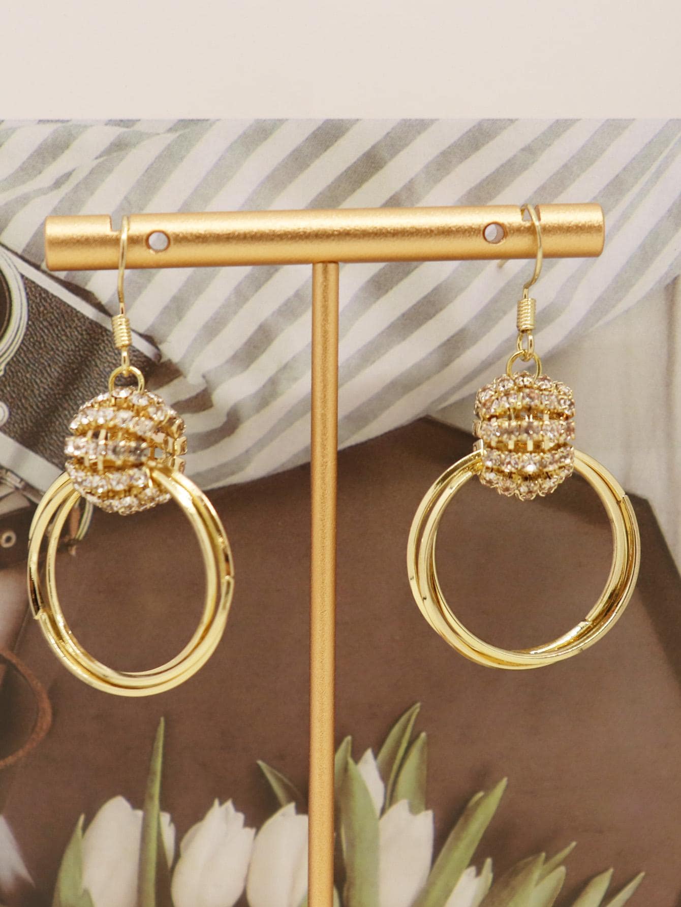 1pc Fashionable Rhinestone Decor Round Drop Earrings For Women For Daily Decoration - Gold - View 1