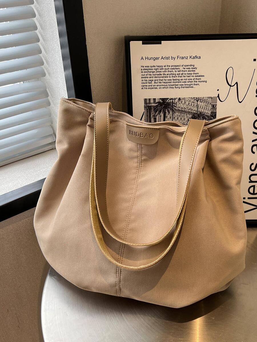 Túi mua sắm lớn Patch Letter Patch Decor Stitch Chi tiết - Màu Khaki - Xem 1