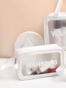 1pc Letter Graphic Clear Makeup Bag, Transparent White PVC Waterproof Travel Bag For Household - White - View 2