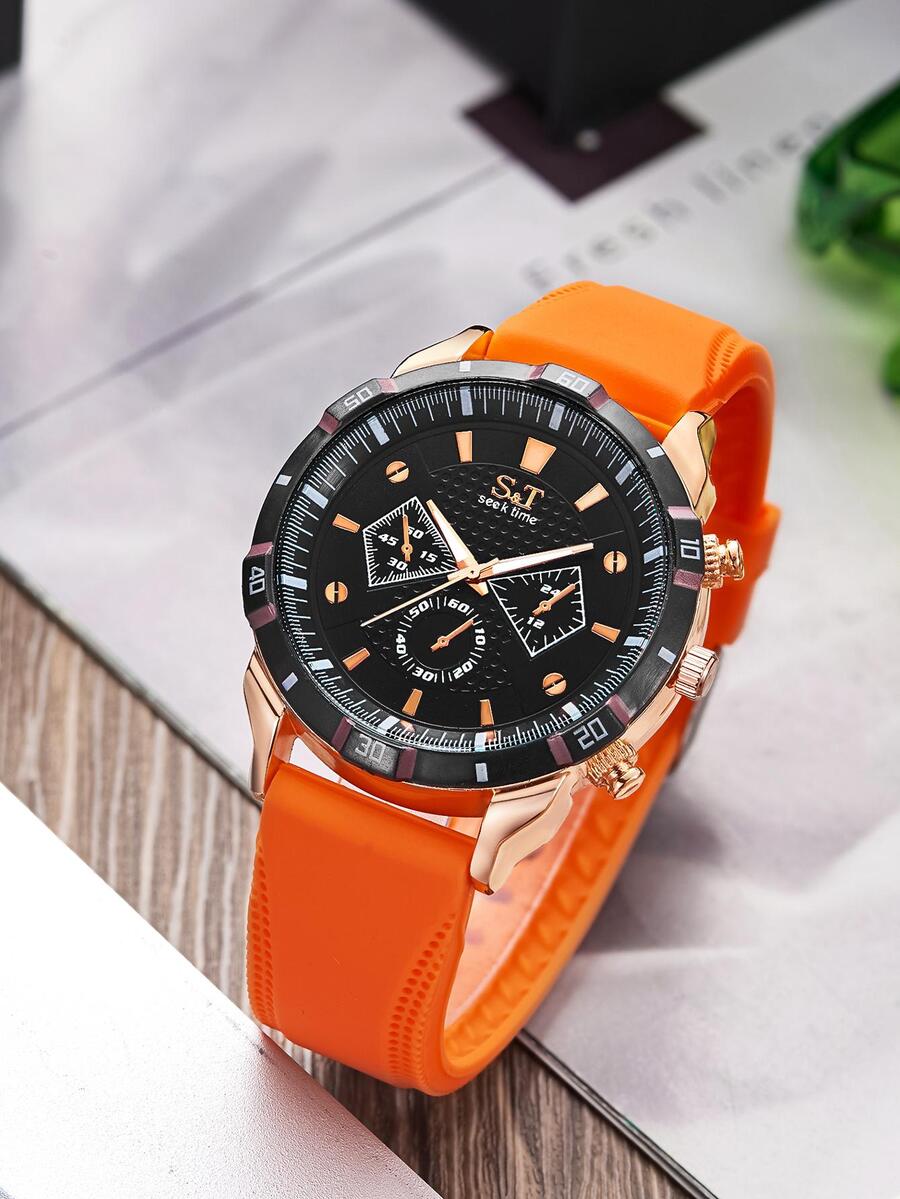 SEEK TIME S&T 男士三錶盤日期石英手錶 - 橘色 - 查看 1