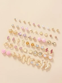 30對/套時尚珍珠和水鑽裝飾耳釘適合女士日常裝飾 - 彩色 - 查看 6