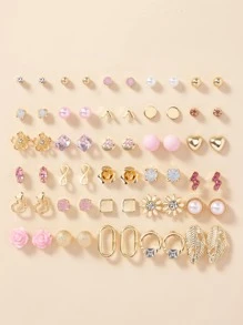 30對/套時尚珍珠和水鑽裝飾耳釘適合女士日常裝飾 - 彩色 - 查看 1