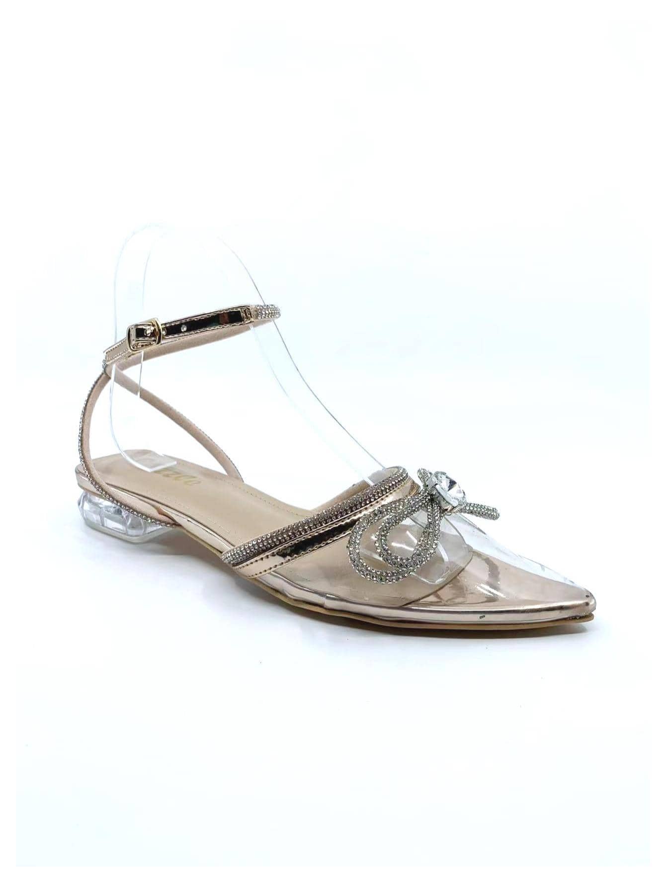 魅力四射踝帶平底鞋適用於女士水鑽和蝴蝶結裝飾平底鞋 - 玫瑰金 - 查看 1