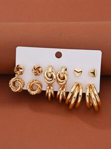 6對金屬棉籤設計誇張扭曲螺旋耳環套裝適合派對、宴會 - 金黃色 - 查看 1