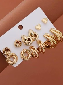 6對金屬棉籤設計誇張扭曲螺旋耳環套裝適合派對、宴會 - 金黃色 - 查看 3