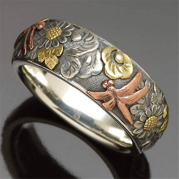 1pc Vintage Carved Flower Dragonfly Sunflower Ring For Men Punk Hip Pop Style, For Jewelry Gift And Party