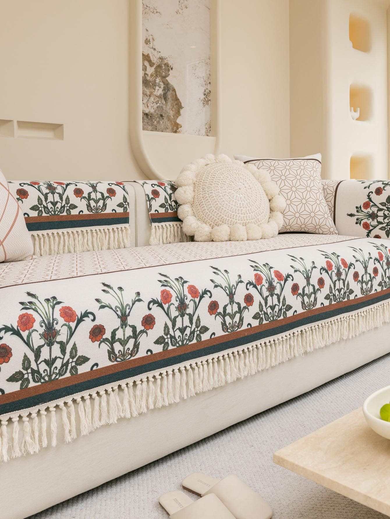 1pc Floral Pattern Tassel Decor Sofa Towel, Modern Polyester Anti-slip Towel Cover For Home - Multicolor - View 1