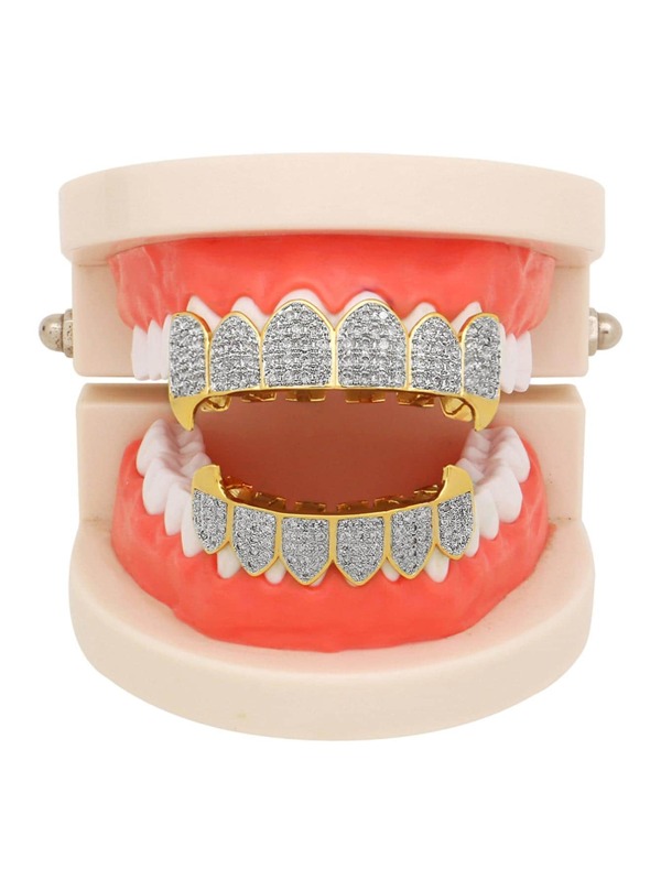 1pair Cool Rock Design Copper Double Color Microset Fang Tooth Grillz
