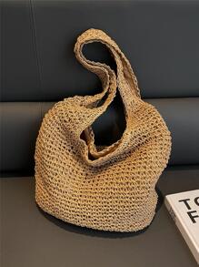 Large Capacity Straw Bag Double Handle Vacation - Khaki - View 5