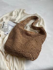 Large Capacity Straw Bag Double Handle Vacation - Khaki - View 9