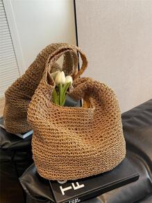Large Capacity Straw Bag Double Handle Vacation - Khaki - View 7