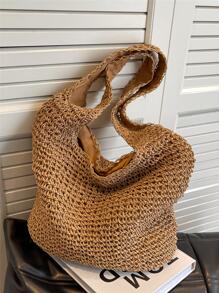 Large Capacity Straw Bag Double Handle Vacation - Khaki - View 6