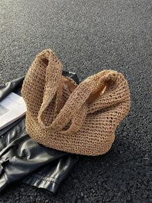 Large Capacity Straw Bag Double Handle Vacation - Khaki - View 8