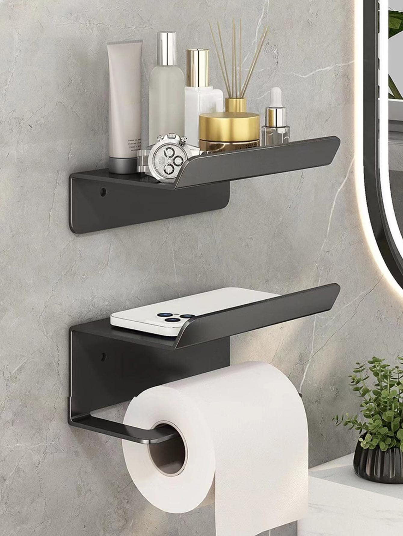 1入組不銹鋼廁所紙極簡掛壁式浴室儲物架 - 黑色 - 查看 1