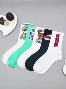 5pairs Women Figure & Letter Graphic Fashion Crew Socks For Daily Life