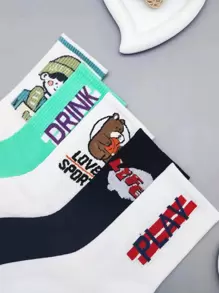 5pairs Women Figure & Letter Graphic Fashion Crew Socks For Daily Life