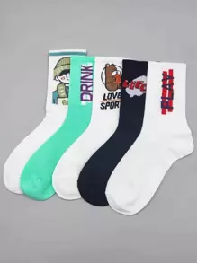 5pairs Women Figure & Letter Graphic Fashion Crew Socks For Daily Life
