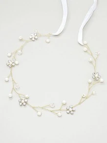 1件装女士珍珠花朵装饰时尚新娘发带，适合婚礼、波西米亚风头饰、情人节配饰 - 金色 - 查看 2