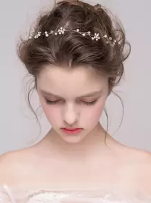 1件装女士珍珠花朵装饰时尚新娘发带，适合婚礼、波西米亚风头饰、情人节配饰 - 金色 - 查看 1