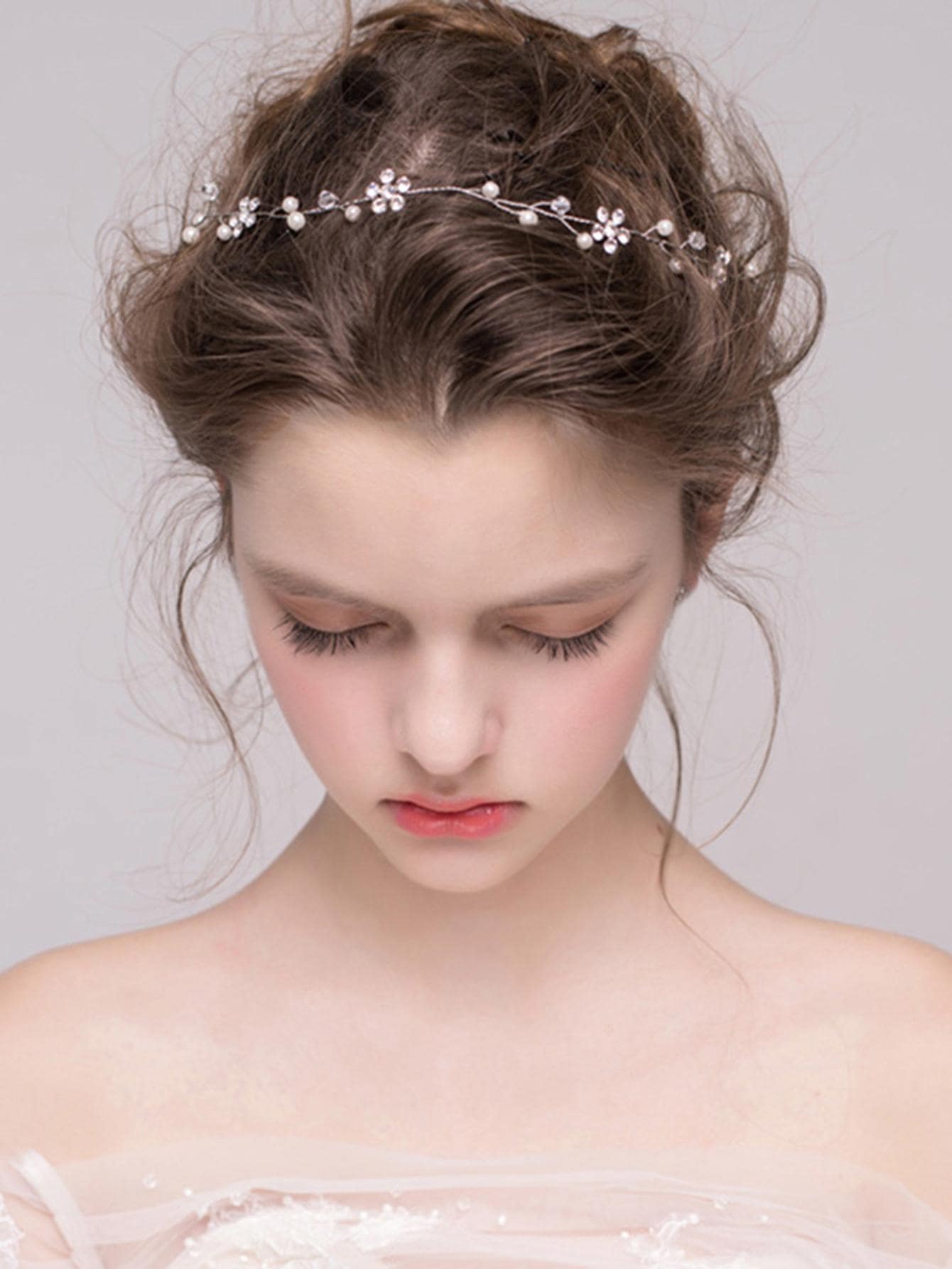 1件装女士珍珠花朵装饰时尚新娘发带，适合婚礼、波西米亚风头饰、情人节配饰 - 金色 - 查看 1