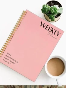 Trees 1pc Letter Graphic Spiral Planner, Simple Portable Weekly Plan Checklist Notepad For Office, School Student - Dusty Pink - View 1