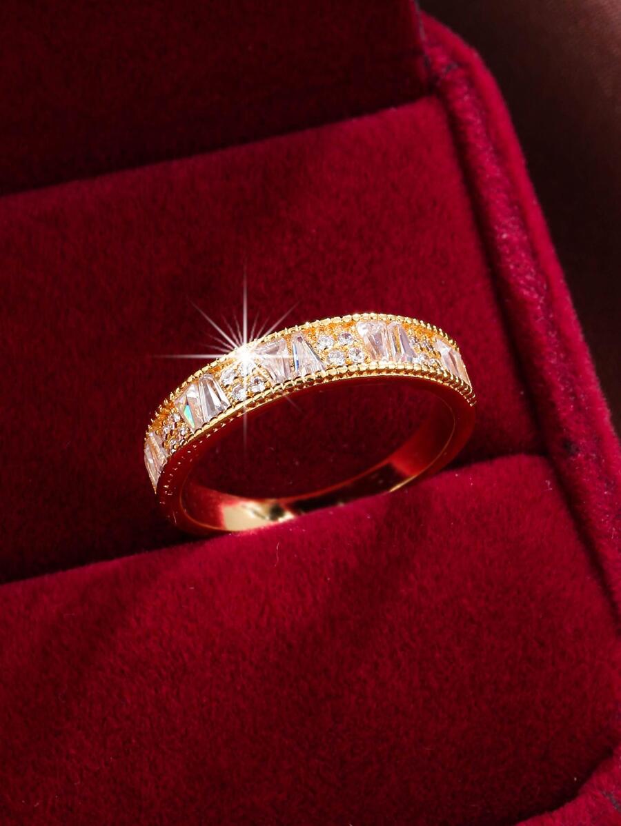 1入組魅力四射方晶鋯石裝飾戒指適合女士適用於訂婚禮物 - 金色 - 查看 1