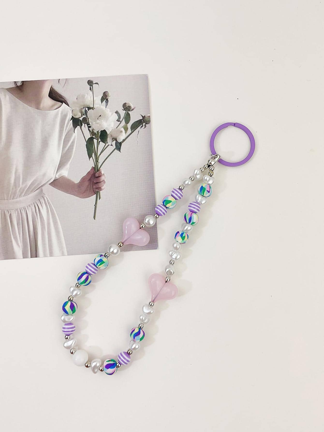 1 Nữ Trái Tim & Ngọc Trai Giả Trang Trí Đính Hạt Charm Y2K Móc Khóa Trang Trí Chìa Khóa - Màu tím - Xem 1