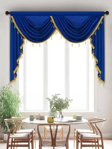 1pc Solid Color Window Curtain, European Style Polyester Material With Beaded Edge, Suitable For Living Room, Bedroom, And Door Decoration - Blue - View 1