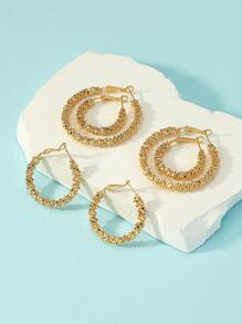 3pairs/Set Europe And America Style Basic Asymmetric Gear & Circle Shaped Earrings In Different Sizes - Yellow Gold - View 3