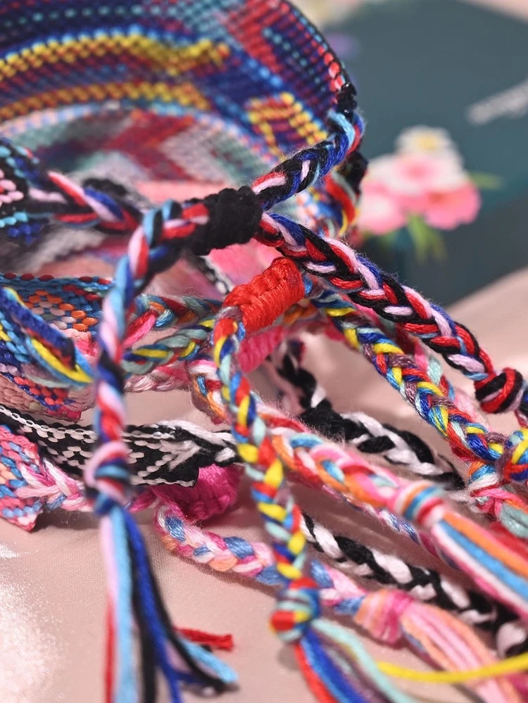 1pc Bohemian Colorblock Gevlochten Detail String Armband Voor Heren Voor Beach Party - Zwart - Bekijken 5