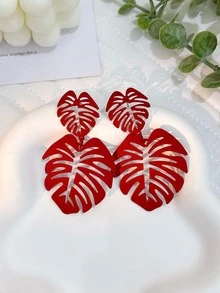1 đôi bông tai hình chiếc lá phong cách kỳ nghỉ phóng đại - Đỏ - Xem 2