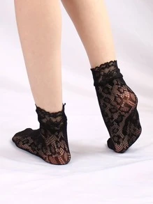 2對女士豹紋圖案蕾絲邊時尚漁網中筒襪適用於日常生活 - 黑色 - 查看 4