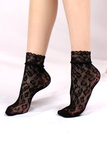 2對女士豹紋圖案蕾絲邊時尚漁網中筒襪適用於日常生活 - 黑色 - 查看 2