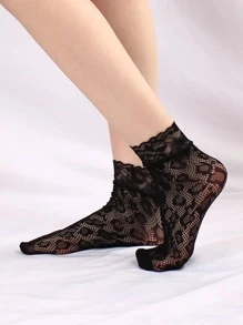 2對女士豹紋圖案蕾絲邊時尚漁網中筒襪適用於日常生活 - 黑色 - 查看 3