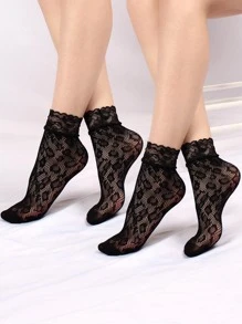 2對女士豹紋圖案蕾絲邊時尚漁網中筒襪適用於日常生活 - 黑色 - 查看 1