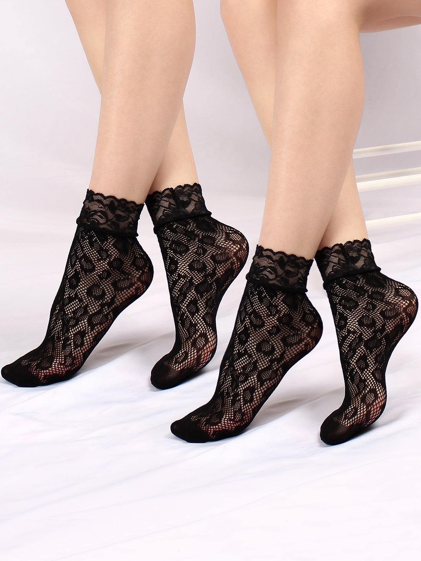 2對女士豹紋圖案蕾絲邊時尚漁網中筒襪適用於日常生活 - 黑色 - 查看 1