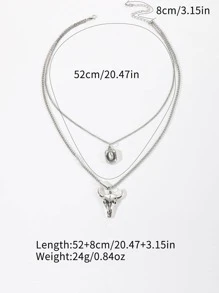 1入組時尚西部牛仔風格雙層項鍊帶牛頭和牛仔帽吊墜適合女士、派對或日常佩戴禮物 - 復古銀色 - 查看 6