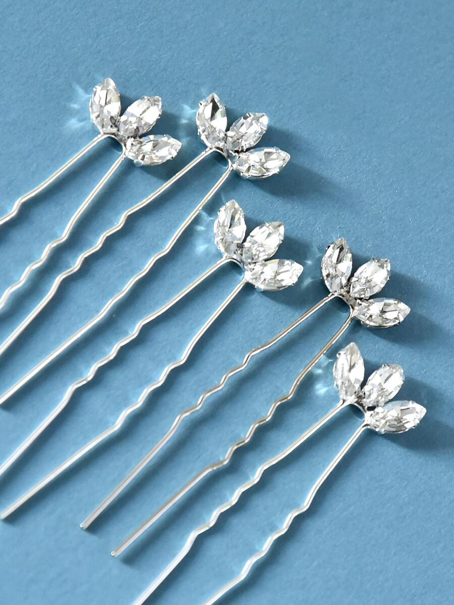 5件套女士银色手工玻璃水钻叶子发叉发饰，适合新娘婚礼派对优雅头饰和情人节配饰 - 銀色 - 查看 1