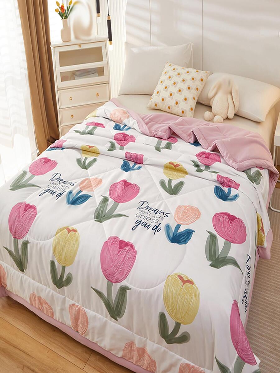 1pc Tulip Pattern Quilted Bedspread, Modern Letter & Flower Print Bedspread For Bedroom, Summer - Multicolor - View 1