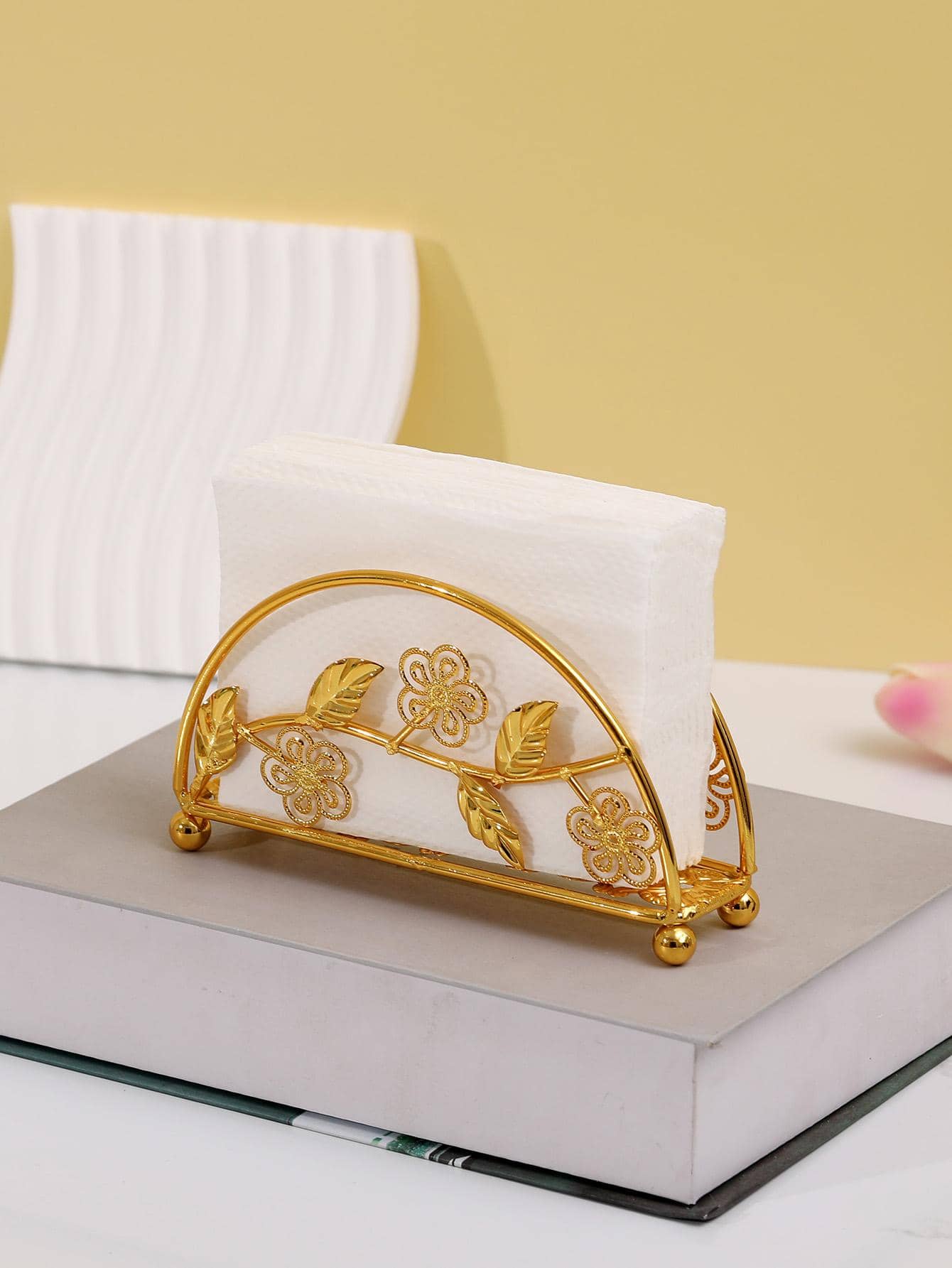 1入組鐵紙巾收納歐式風花朵裝飾紙巾架 - 金色 - 查看 1